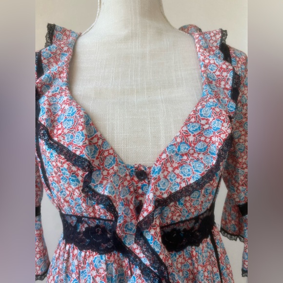 vintage free people floral lace ruffles retro button down mini dress sz 4 - Picture 3 of 15